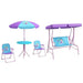 Kids purple and blue swing chair and garden table set with fairytale graphics and umbrella