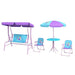 Kids swing chair and garden table set with purple and blue fairytale theme, patio furniture