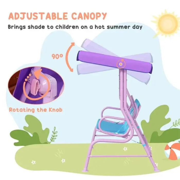 Kids swing chair with adjustable purple canopy and blue seats for garden shade