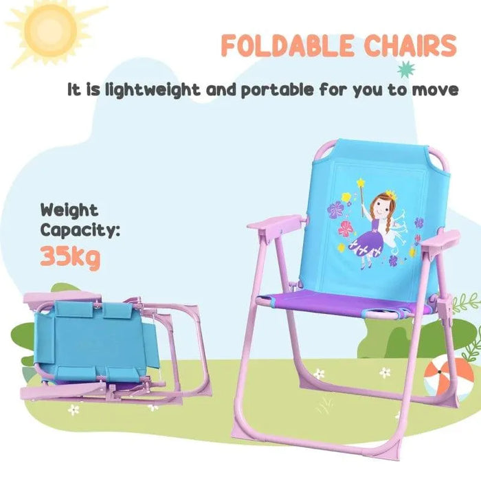 Kids foldable chair in blue and purple with fairy design, lightweight, 35kg weight capacity