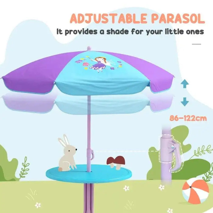 Kids garden table with purple and blue adjustable parasol, fairytale design, and playful decor.