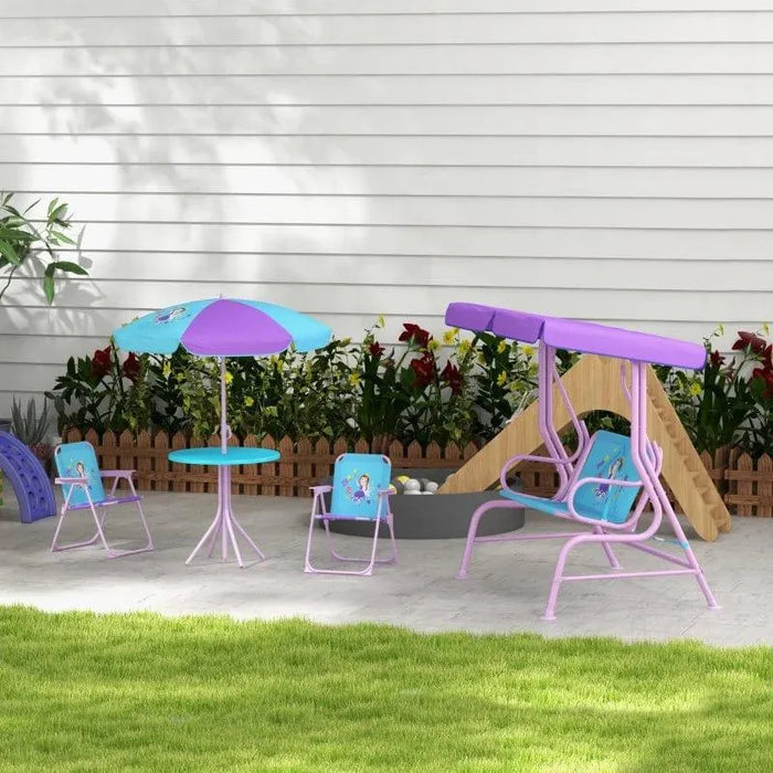 Kids swing chair and garden table set with purple and blue fairytale design outdoors