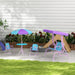 Kids swing chair and garden table set with purple and blue fairytale design outdoors