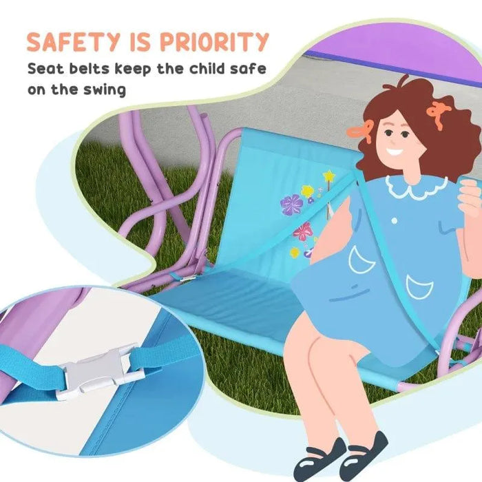 Kids purple and blue garden swing chair with safety seat belt and playful cartoon design