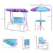 Kids swing chair and garden table set in purple and blue fairytale design with dimensions