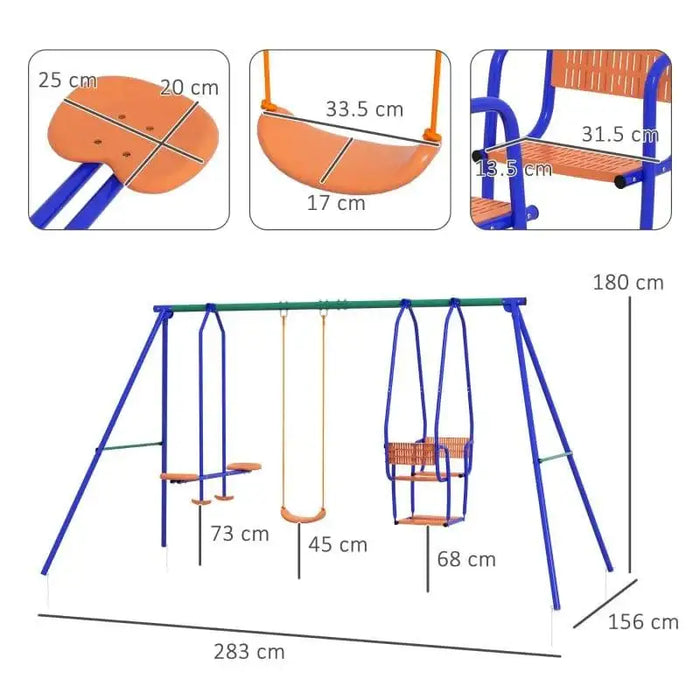 Kids multi-activity swing set with glider, single swing, rocking chair and dimension details