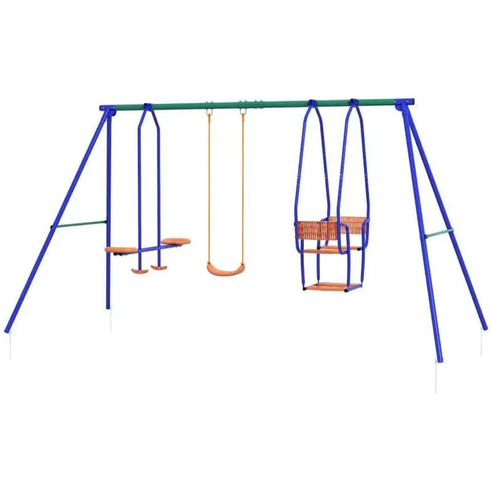 Kids garden swing set with single swing, glider, and rocking chair, blue and orange frame.