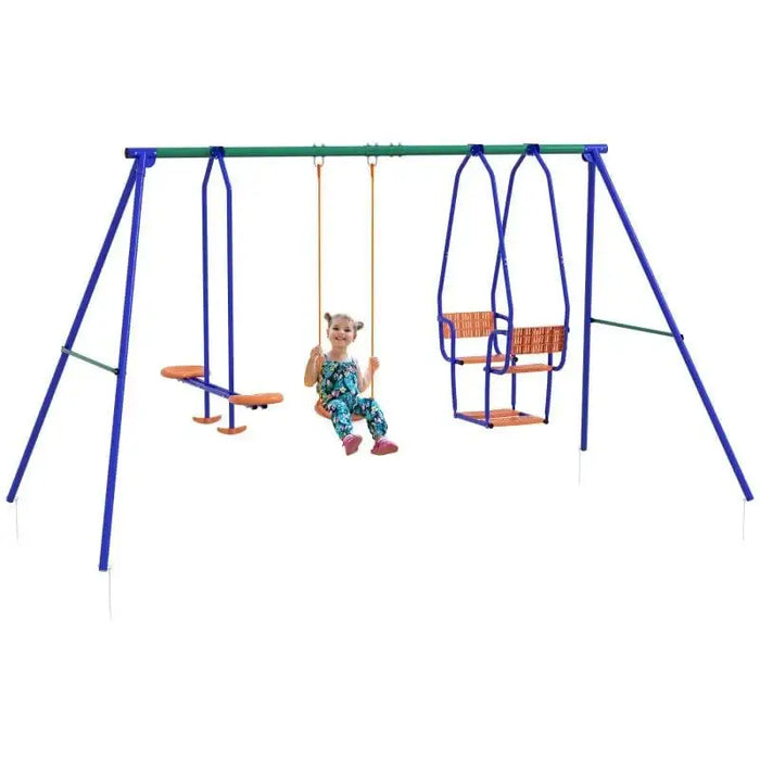 Kids swing set with single swing, glider, rocking chair, and child playing, blue and orange