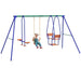 Kids swing set with single swing, glider, rocking chair, and child playing, blue and orange
