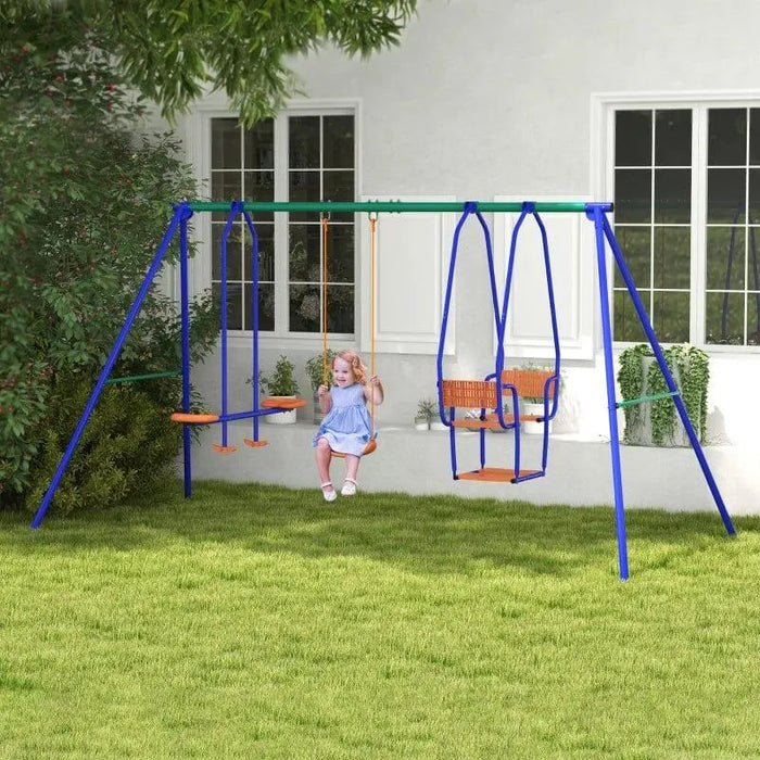 Kids swing set with multiple activities and slide in a garden, child playing outdoors