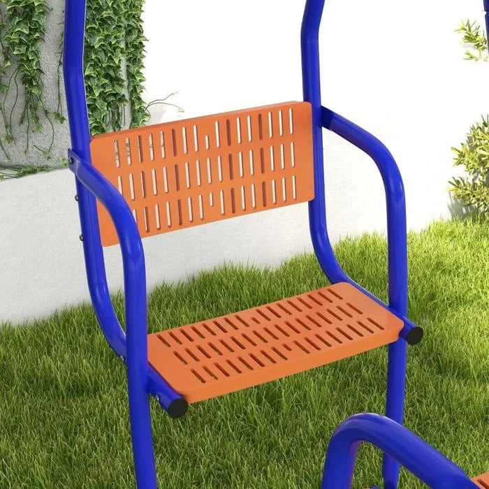 Orange plastic swing seat with blue metal frame on green grass in a garden