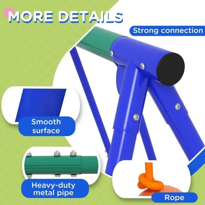 Kids swing set frame with smooth blue surface, heavy-duty metal pipe, and orange rope details.
