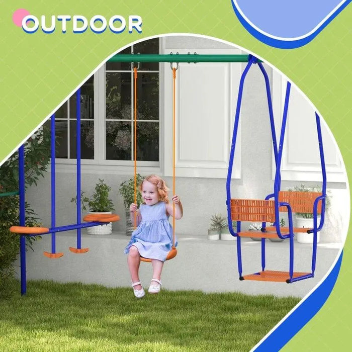 Child on colorful kids swing set with glider and rocking chair in garden outdoors