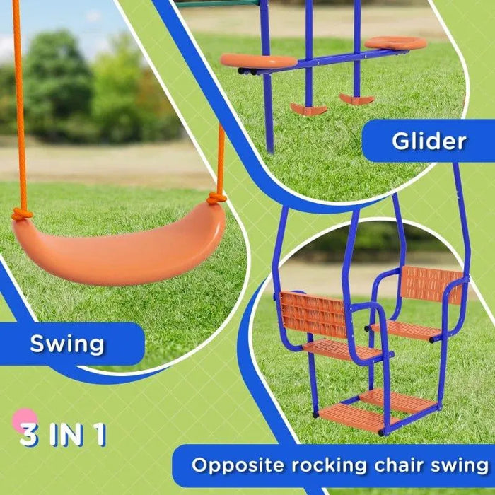 Kids 3-in-1 outdoor swing set with orange swing, glider, and opposite rocking chair on grass