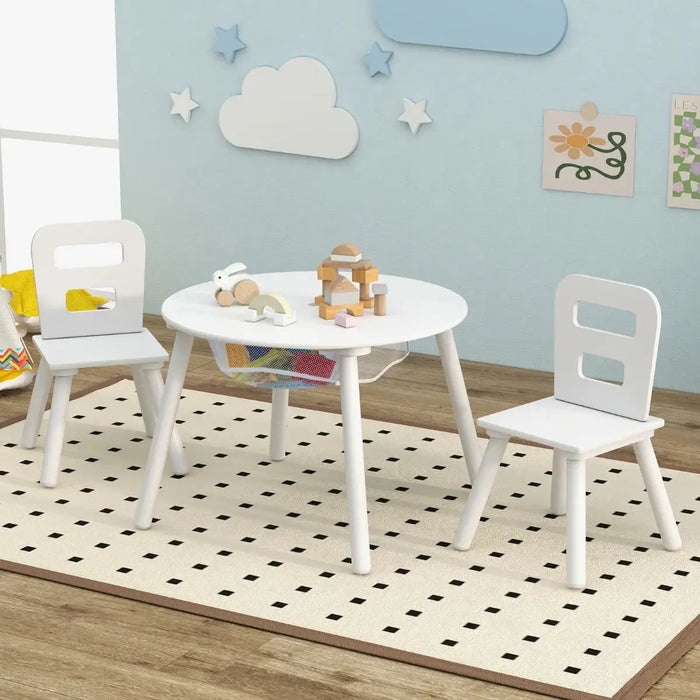 Kids Table and 2 Chairs Set - White | Storage Bag – Round Wooden Design COSTWAY - Little and Giant Explorers Costway