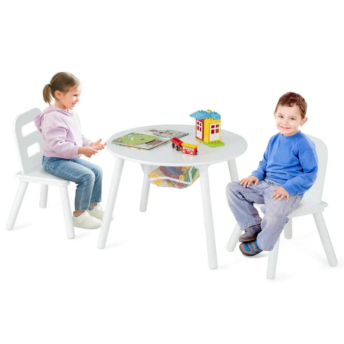Kids Table and 2 Chairs Set - White | Storage Bag – Round Wooden Design COSTWAY - Little and Giant Explorers Costway