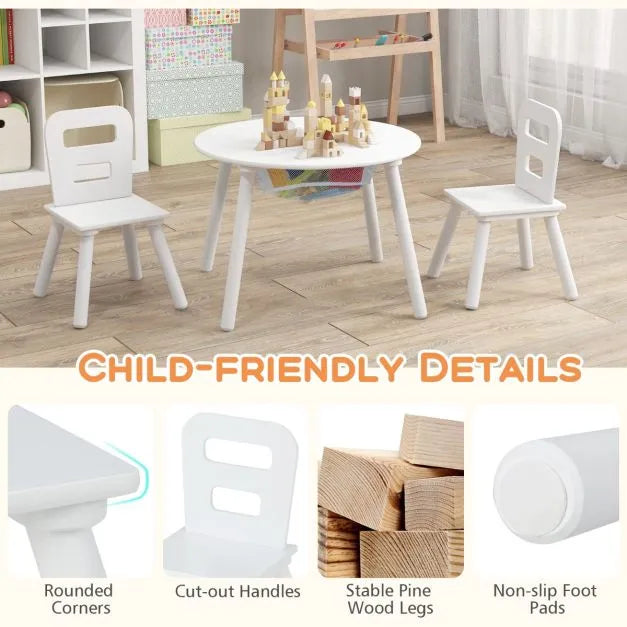 Kids Table and 2 Chairs Set - White | Storage Bag – Round Wooden Design COSTWAY - Little and Giant Explorers Costway