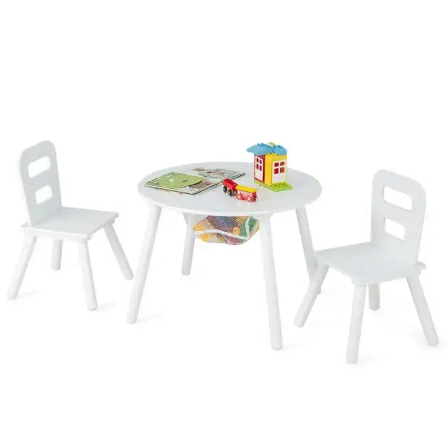 Kids Table and 2 Chairs Set - White | Storage Bag – Round Wooden Design COSTWAY - Little and Giant Explorers Costway