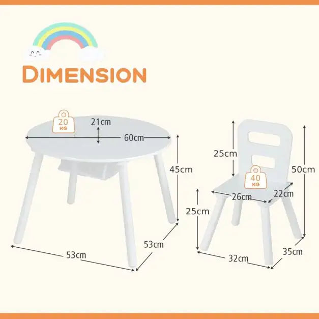 Kids Table and 2 Chairs Set - White | Storage Bag – Round Wooden Design COSTWAY - Little and Giant Explorers Costway