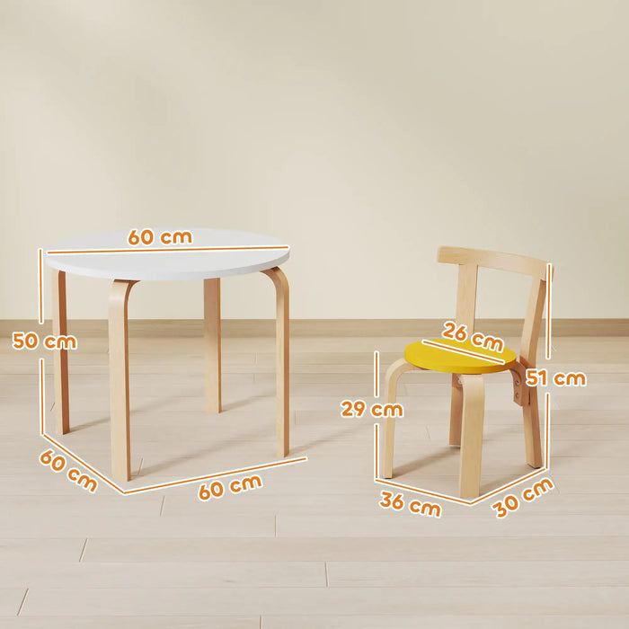 Wooden table and chair with measurements on a neutral background