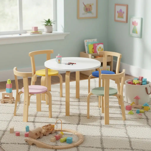 Children's playroom with a round table and colorful chairs, surrounded by toys.