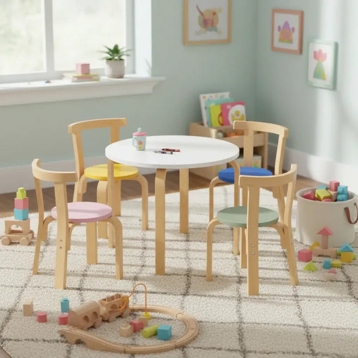 Children's playroom with a round table and colorful chairs, surrounded by toys.