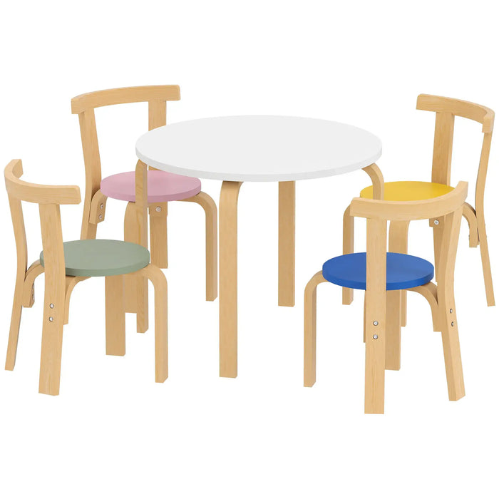 Children's table and chairs set with colorful seats on a white background
