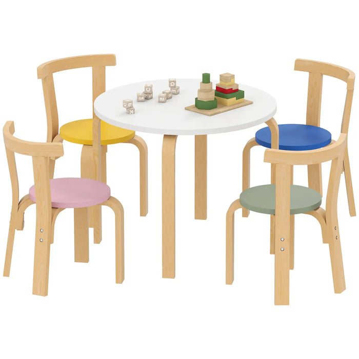Children's table and chairs set with colorful seats on a white background