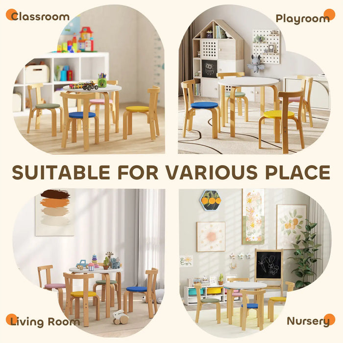 Collage of different settings with children's tables and chairs, labeled as Classroom, Playroom, Living Room, and Nursery.