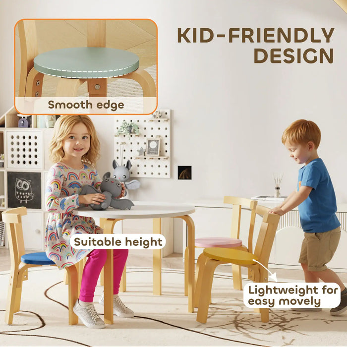 Children playing at a round table with chairs, highlighting features like smooth edge, suitable height, and lightweight design.