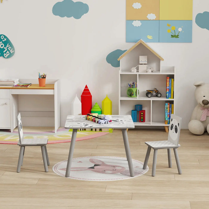 Kids Table and Chair Set Grey Animal Theme | Three-Piece Learning and Play Station - Little and Giant Explorers ZONEKIZ