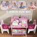 Pink and white 3-piece kids fun set with table, two chairs, and storage for books and art supplies