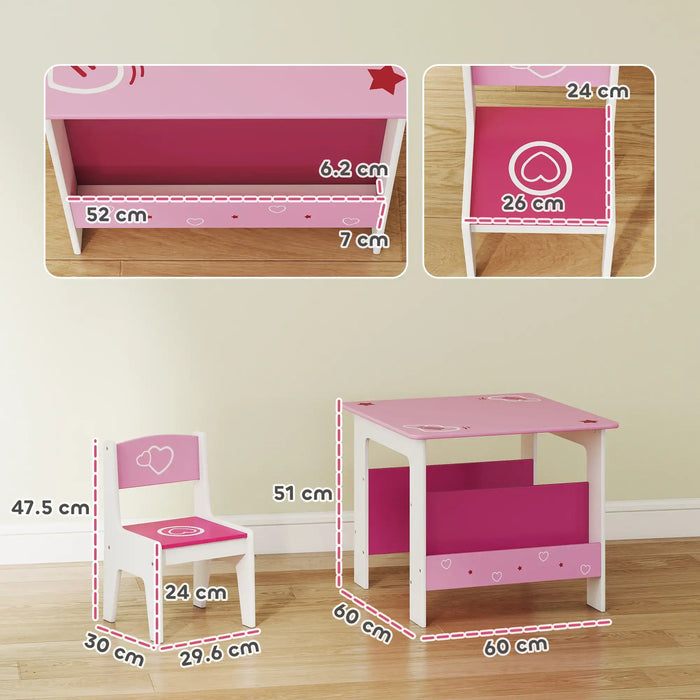 Pink and white kids table and chair set with heart designs and detailed size measurements