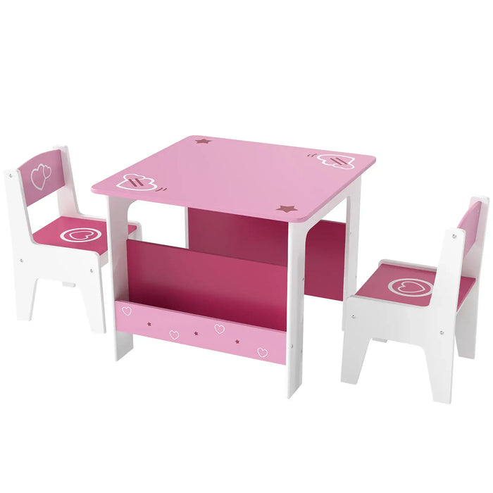 Pink and white children's table and two chairs with heart and star designs