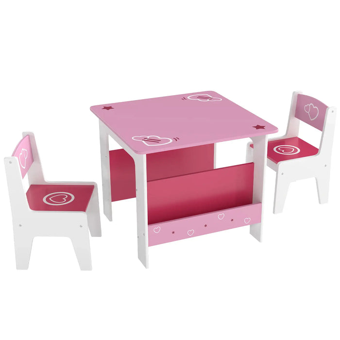 Pink and white children's table and two chairs set with heart and star designs