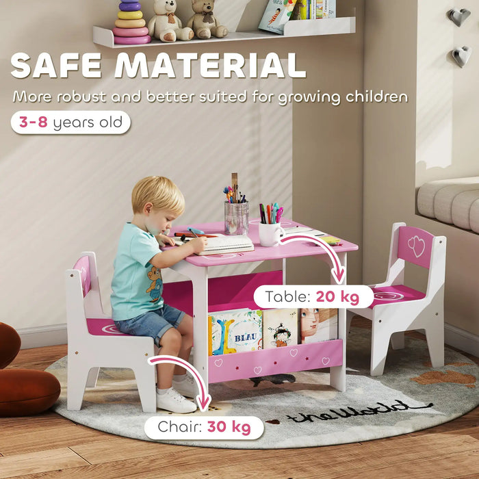 Child sitting at pink and white kids table with two chairs in playroom, safe material for ages 3-8