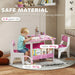Child sitting at pink and white kids table with two chairs in playroom, safe material for ages 3-8