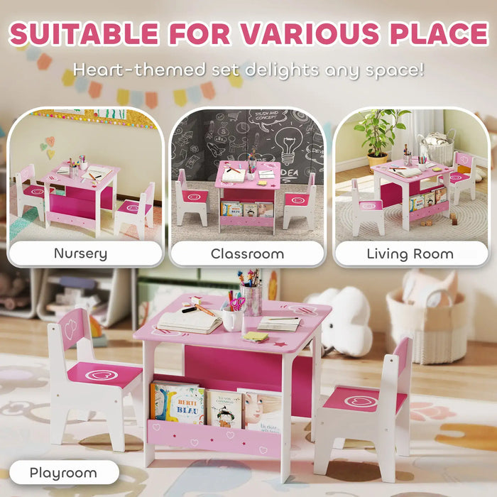 Heart-themed pink and white kids' table and chairs set in nursery, classroom, living room, and playroom settings