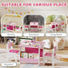 Heart-themed pink and white kids' table and chairs set in nursery, classroom, living room, and playroom settings