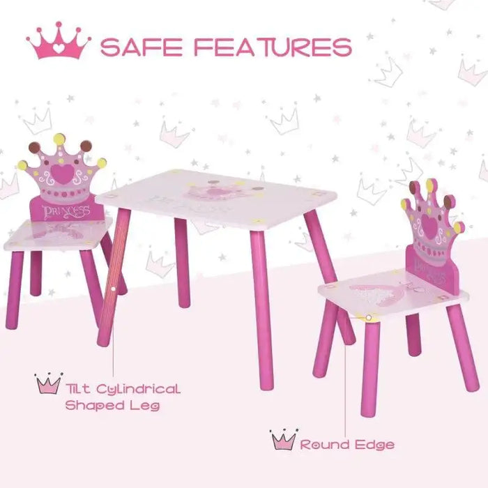 Kids pink princess table and chair set with crown-shaped backs and safe rounded edges
