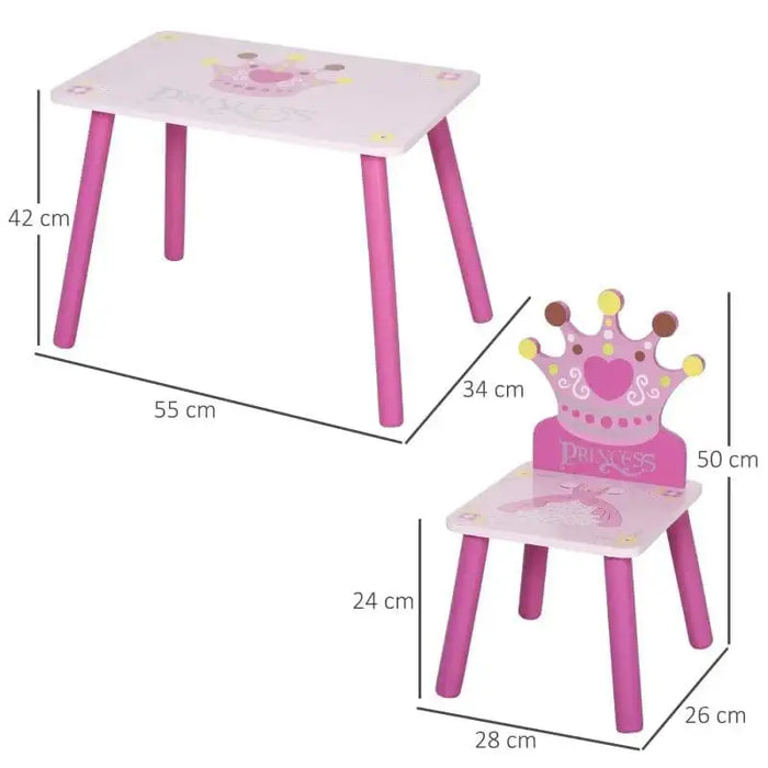 Kids princess table and chair set with pink legs, crown-shaped back, size dimensions shown