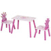 Pink kids table and chair set with princess crown-shaped backs and matching design