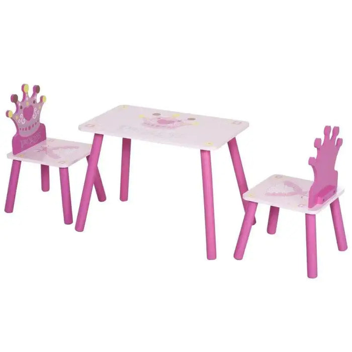 Pink kids table and chair set with princess crown design and decorative backs