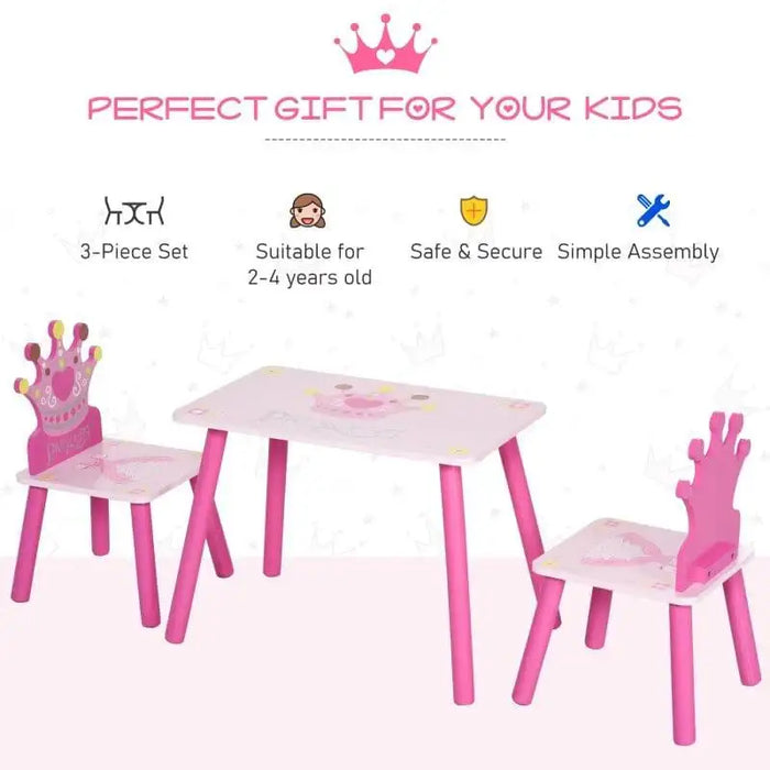 Pink kids table and chair set with princess crown backs, perfect for toddlers aged 2-4.