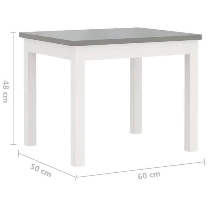 White and grey wooden kids table with size dimensions 60x50x48 cm.
