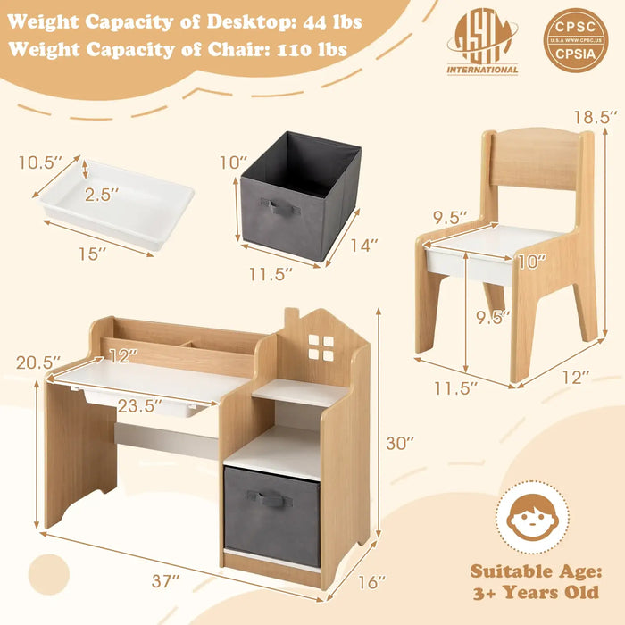 Kids Table and Chair Set | House-Shaped Desk with Multiple Storage - Little and Giant Explorers Costway
