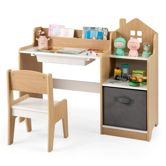 Kids Table and Chair Set | House-Shaped Desk with Multiple Storage - Little and Giant Explorers Costway