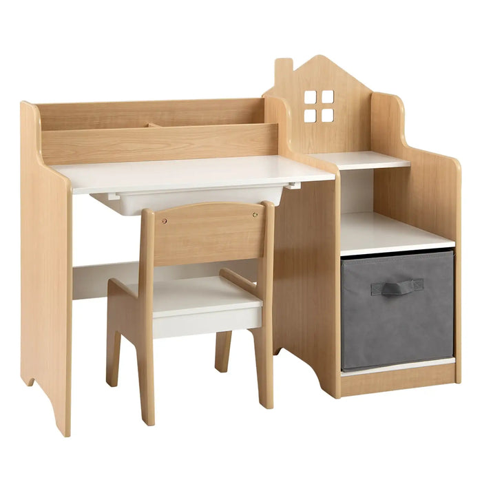 Kids Table and Chair Set | House-Shaped Desk with Multiple Storage - Little and Giant Explorers Costway