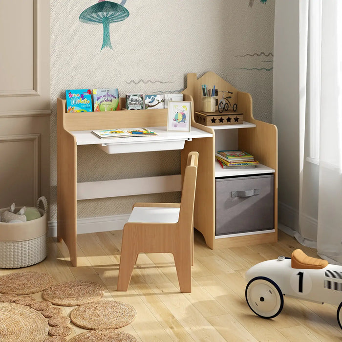 Kids Table and Chair Set | House-Shaped Desk with Multiple Storage - Little and Giant Explorers Costway