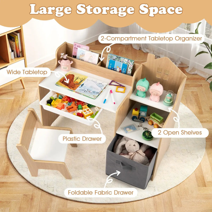 Kids Table and Chair Set | House-Shaped Desk with Multiple Storage - Little and Giant Explorers Costway